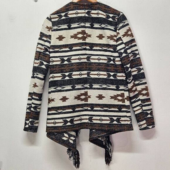 Me Jane Southwestern Fringe Open Front Cardigan Jacket Brown Cream Aztec Print - Picture 2 of 10